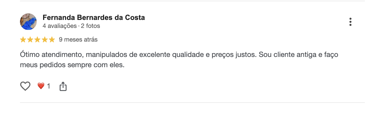 Avaliação 5 estrelas de Fernanda Bernardes da Costa no Google