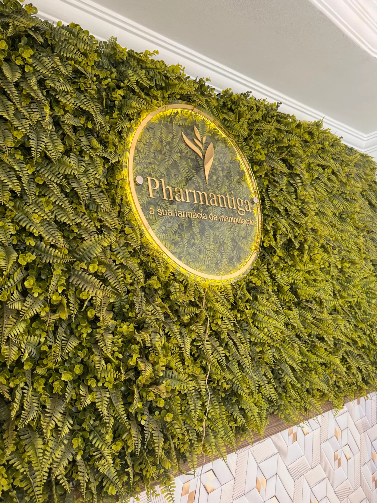 Parede verde com a logo iluminada da Pharmantiga