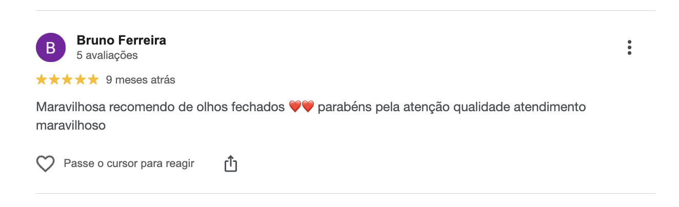 Avaliação 5 estrelas de Bruno Ferreira no Google