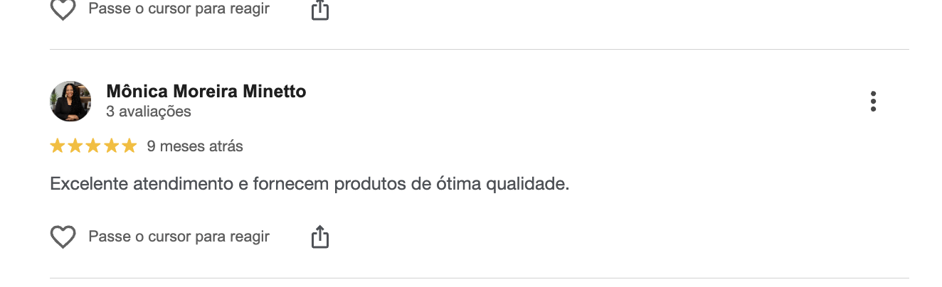Avaliação 5 estrelas de Mônica Moreira Minetto no Google